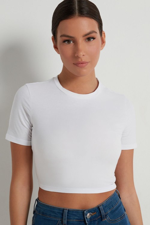 Tezenis Bawełniane Cropped Crew-Neck T-Shirt Białe Białe | 0198-CMGWX