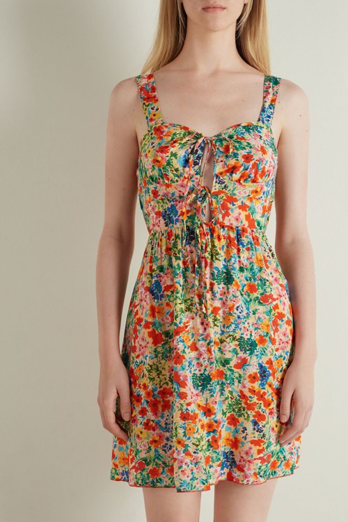 Tezenis Bez Rękawów Cloth Sukienki with Lacing Floral Rainbow Flowers Print 847u | 0546-NVUSM