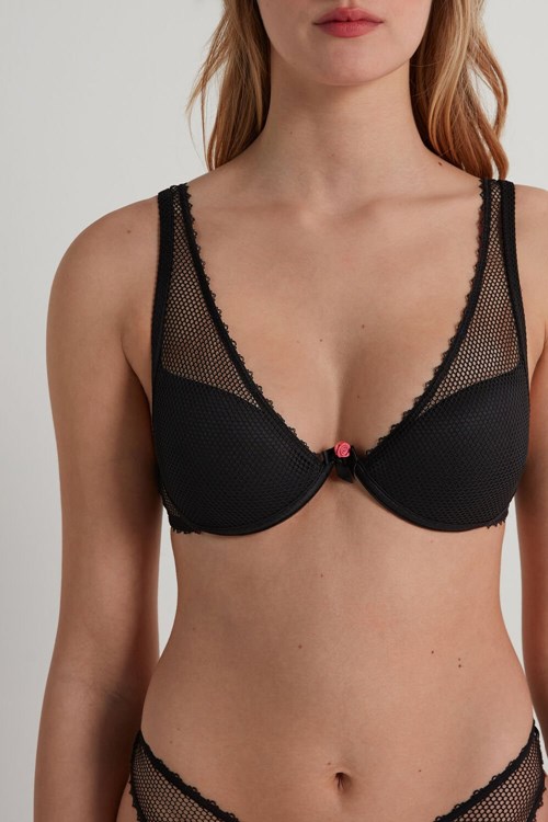 Tezenis Black Net V-Neck Push-Up Bra Czarne Czarne | 2931-EXRFT