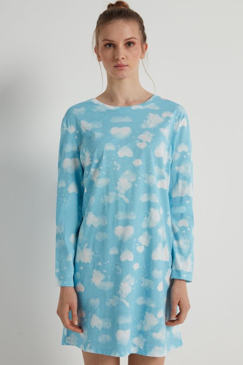 Tezenis Cloud Print Long Sleeve Nightgown Niebieskie | 6714-AGXJY
