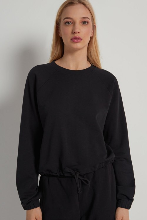 Tezenis Cropped Long-Sleeve Sweatshirt with Drawstring Czarne Czarne | 1970-NKFSU