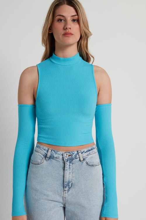 Tezenis Cropped Żebrowany Tank Top with Sleeves Głęboka Niebieskie Niebieskie | 1874-YBRID