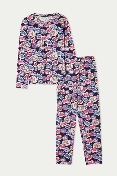 Tezenis Full Length Bawełniane Comics Print Pajamas Kolorowe Czarne | 7628-LVTKC