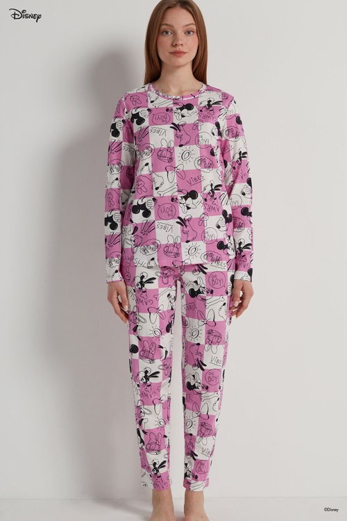 Tezenis Full Length Mickey Mouse Disney Checkered Bawełniane Pajamas Różowe Różowe | 9476-RSECJ