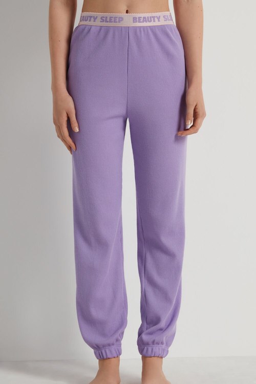 Tezenis Full Length Smocked Pants with Text Waistband Violet Soft Lilac 392v | 0947-FWCGR