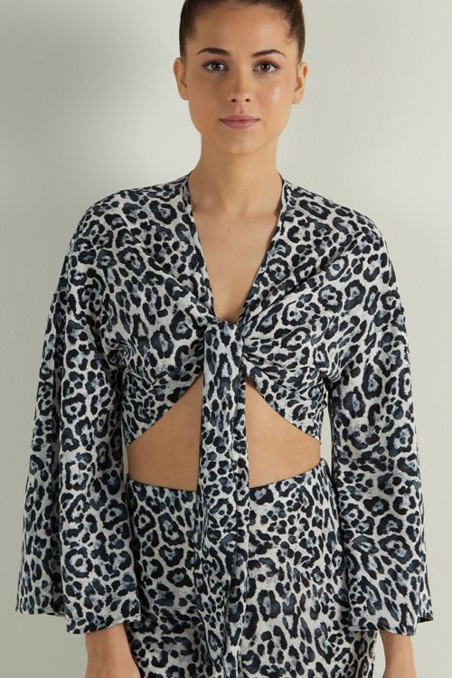 Tezenis Knotted Half Sleeve Crop Top Print Gray Spotted Print 840u | 1629-WLYJR
