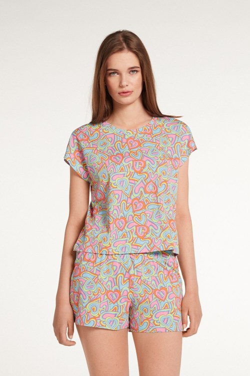 Tezenis Krótkie Bawełniane Kimono Pajamas with Heart Print Kolorowe | 1428-SYDLM