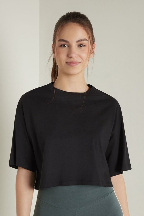 Tezenis Krótkie Half-Sleeve Drop-Shoulder Bawełniane T-Shirt Czarne Czarne | 9783-UTOBN