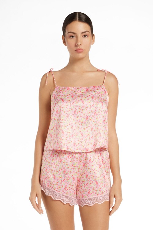 Tezenis Krótkie Satin and Koronkowe Pajamas with Thin Straps Kwiaty | 0167-DVJXC