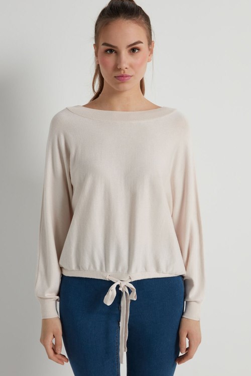 Tezenis Krótkie Sleeve Batwing Top with Drawstring Ivory Soft Natural 315v | 1689-HWELU