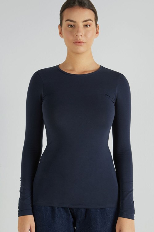 Tezenis Long-Sleeve Crew-Neck Stretch-Bawełniane Top Niebieskie Niebieskie | 3179-KPRBV