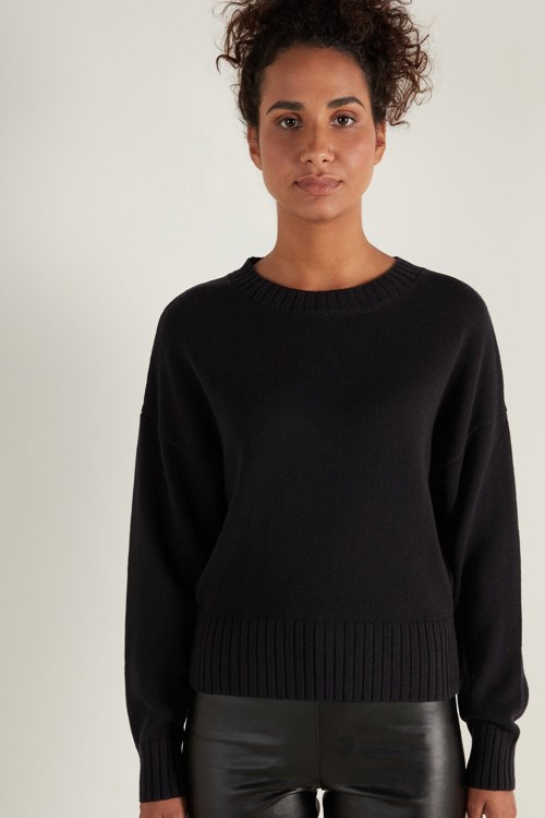 Tezenis Long Sleeve Crewneck Sweatshirt in Bawełniane Czarne Czarne | 1659-AZUVC
