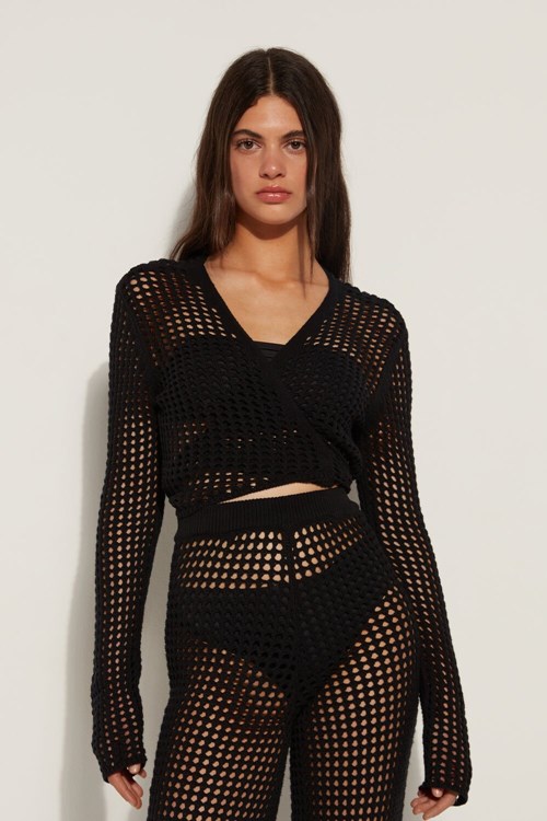 Tezenis Long Sleeve Crop Cardigan/Top in Mesh Crochet Czarne Czarne | 2895-IRXWT