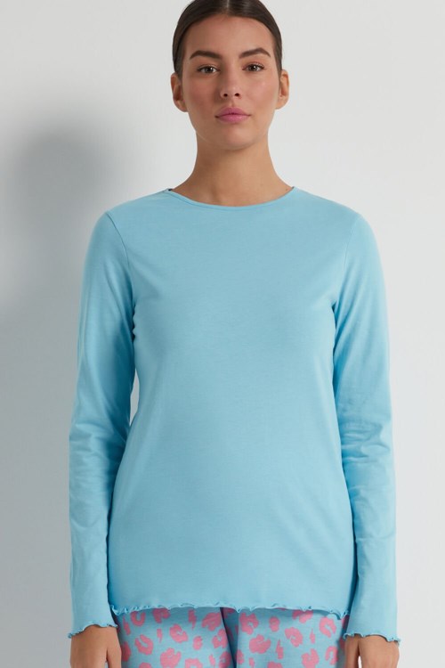 Tezenis Long Sleeve Lettuce Leaf Stitch Bawełniane Top Niebieskie Niebieskie | 7384-OFRDJ