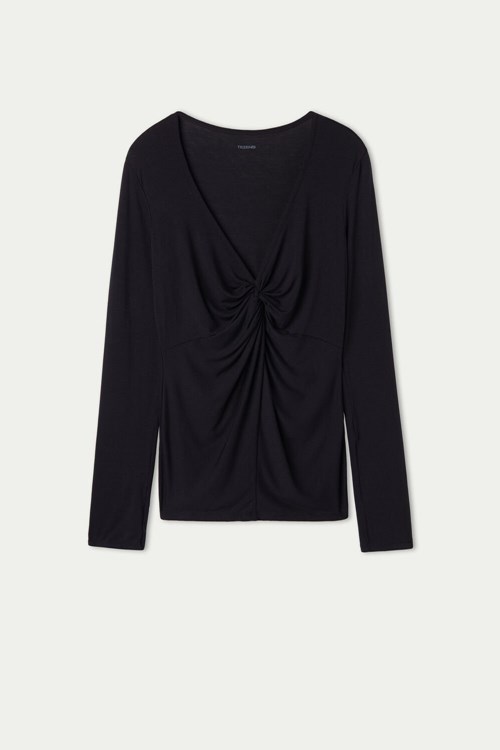 Tezenis Long Sleeve Top with Knot Czarne Czarne | 6475-NVALQ