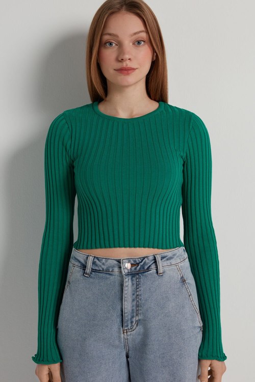 Tezenis Long-Sleeve Żebrowany Crop Top Zielone Zielone | 6751-YOVIX