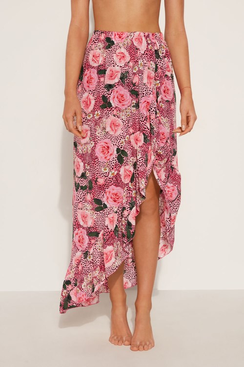 Tezenis Long Viscose Fabric Skirt with Ruffle and Slit Różowe Różowe | 5824-DHCOB