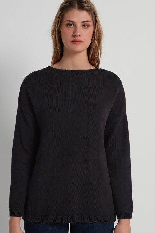 Tezenis Long Łódź-Neck Swetry in Fully-Fashioned Bawełniane Czarne Czarne | 8576-GIEKL