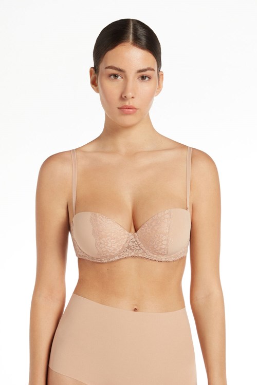 Tezenis Madrid Ultra Watowany Microfiber and Recycled Koronkowe Bandeau Bra Nude Natural Blush 1905 | 9803-IFSCM