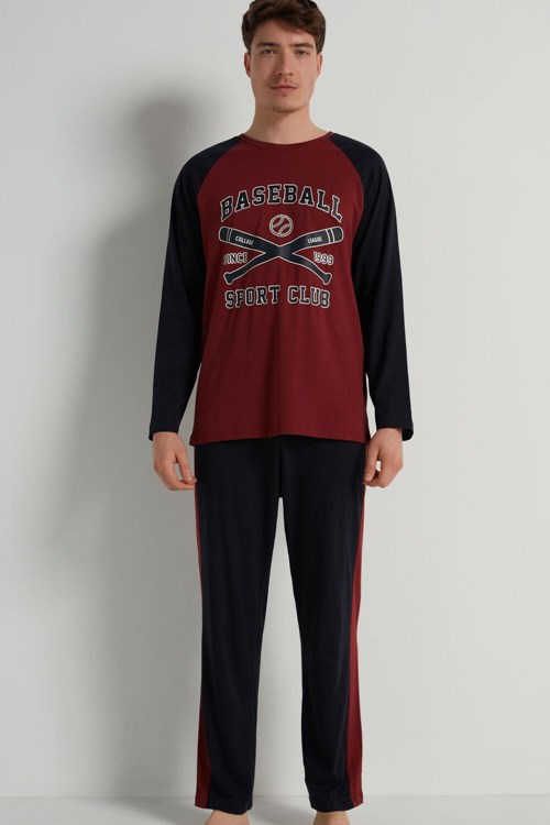 Tezenis Men’s Full-Length Bawełniane Baseball Print Pajamas Niebieskie Ciemny Czerwone | 8196-FDGWL