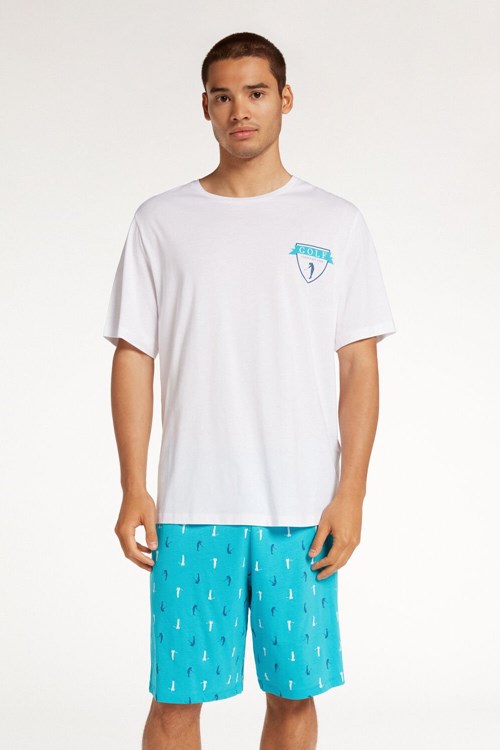 Tezenis Men’s Golfa Print Krótkie Bawełniane Pajamas Niebieskie Białe | 5839-GJHSM