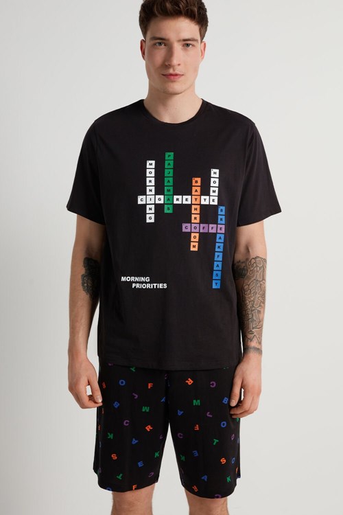 Tezenis Men’s Letter Print Krótkie Bawełniane Pajamas Czarne Czarne | 4965-LGVQE