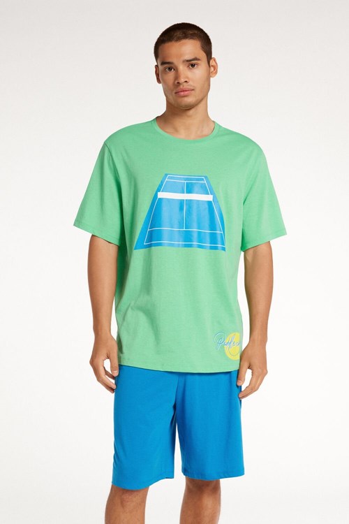Tezenis Men’s Paddle Print Krótkie Bawełniane Pajamas Niebieskie Zielone | 6257-STDRO