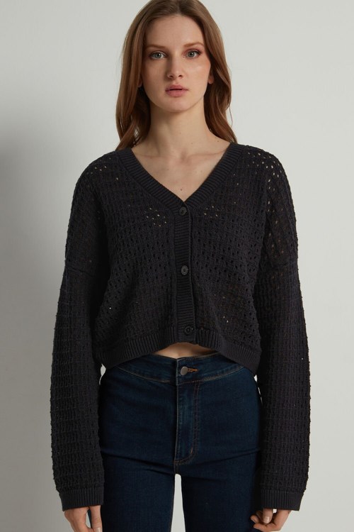 Tezenis Perforated Fully-Fashioned Krótkie Bawełniane Cardigan Czarne Czarne | 3492-JSCGL