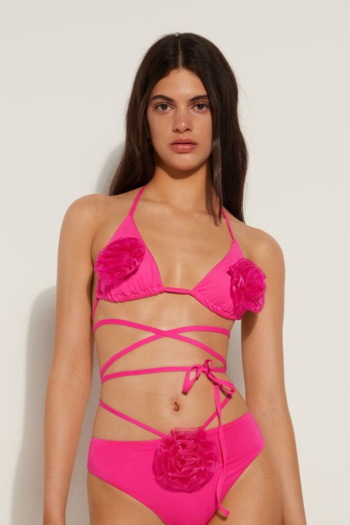 Tezenis Pink 3D Roses Triangle Bikini Top Różowe Fuksja | 0584-XZCWV