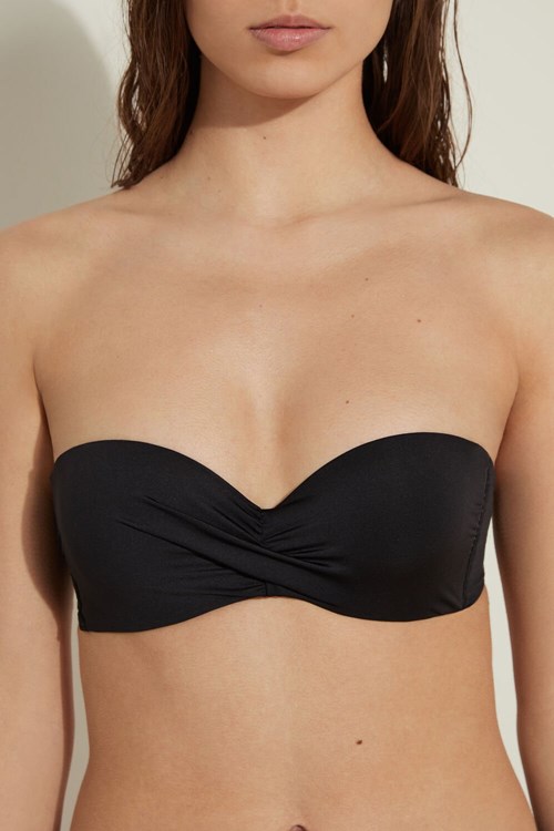 Tezenis Plain Watowany Bandeau Bikini Top with Knot Detail Czarne Czarne | 4139-PVWFL