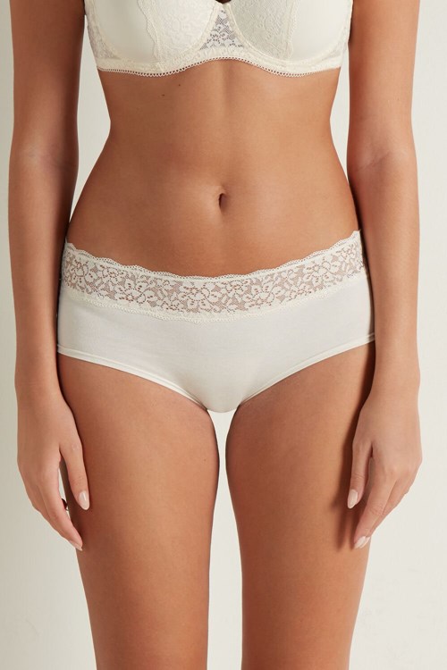 Tezenis Recycled Bawełniane and Koronkowe Boyshorts Kremowe | 1054-QSFKV