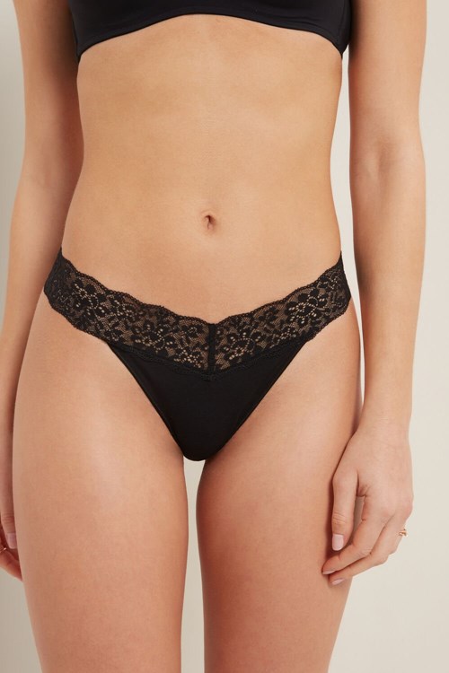Tezenis Recycled Bawełniane and Koronkowe Brazilian Panties Czarne Czarne | 2834-VKWAO