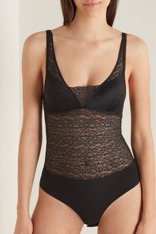 Tezenis Recycled Koronkowe Watowany Triangle Bodysuit Czarne Czarne | 0968-RFKBH