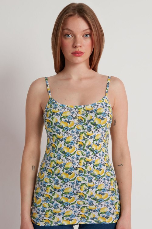 Tezenis Round Neck Tank Top in Stretch Bawełniane Cytrynowy | 9610-OFWEG