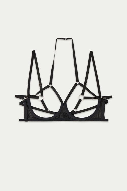 Tezenis Seduction Mesh Demi Balconette Bra Czarne Czarne | 9684-KNQIH