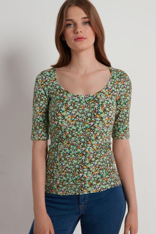 Tezenis Szerokie Neck Krótkie Sleeve Printed Bawełniane Top Kwiaty | 7293-JALER