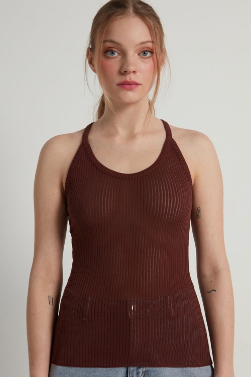 Tezenis Ultralight Żebrowany Bawełniane Halter Tank Top Brązowe Brązowe | 6579-USLDE