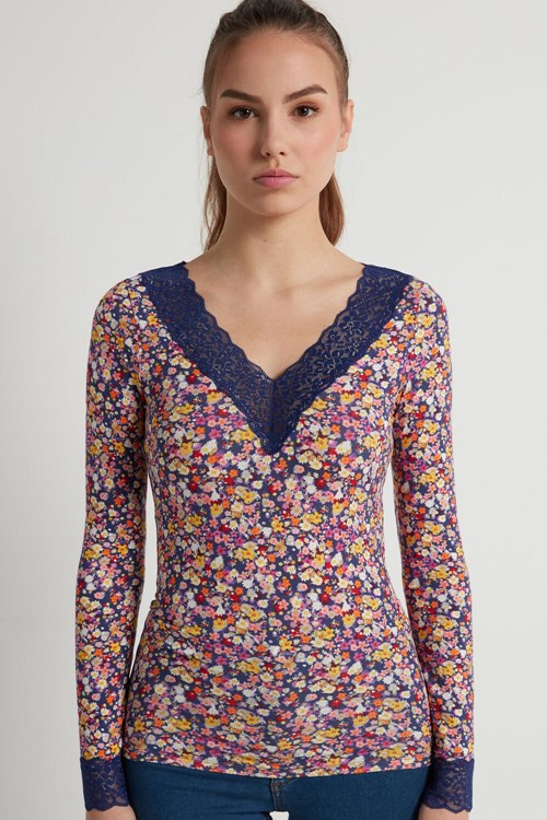 Tezenis V Neck Long Sleeve Top with Koronkowe Niebieskie Kwiaty | 9675-SUIDV