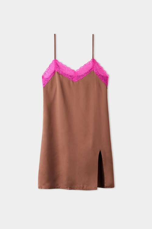 Tezenis Vented Satin and Koronkowe Slip Brązowe Fuksja | 8972-VZNCE