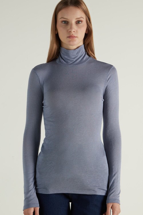 Tezenis Viscose and Merino Wełna Turtleneck Top Szare Głęboka Niebieskie | 3567-CTHMD