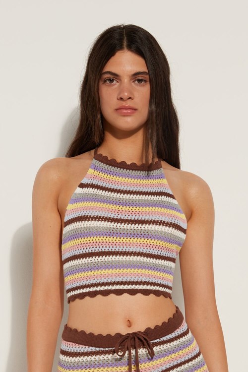 Tezenis W Paski Crocheted Crop Top Brązowe | 6018-MDCEY