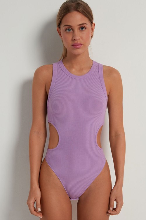 Tezenis Żebrowany Bawełniane Cut-Out Bodysuit Lawenda | 2047-SOAMF